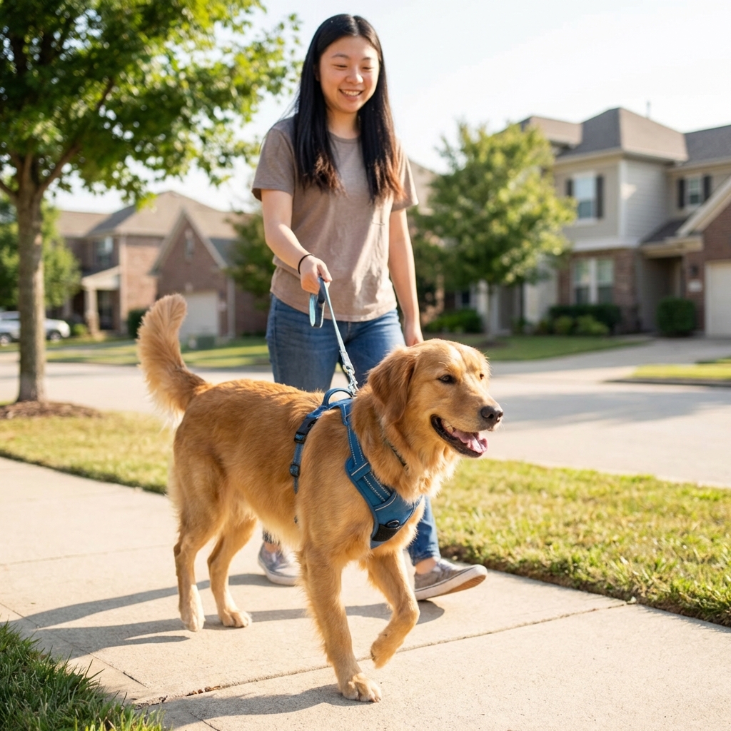 A dog wearing a comfortable harness while walking on a leash on a neighborhood sidewalk