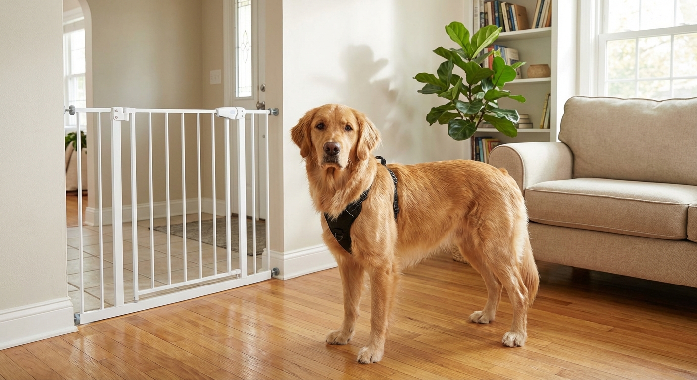 A dog wearing a front-clip harness standing calmly in a living room while a baby gate separates the entryway