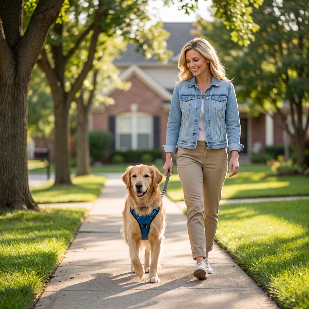 A dog wearing a front-clip harness walking calmly beside an owner on a neighborhood sidewalk