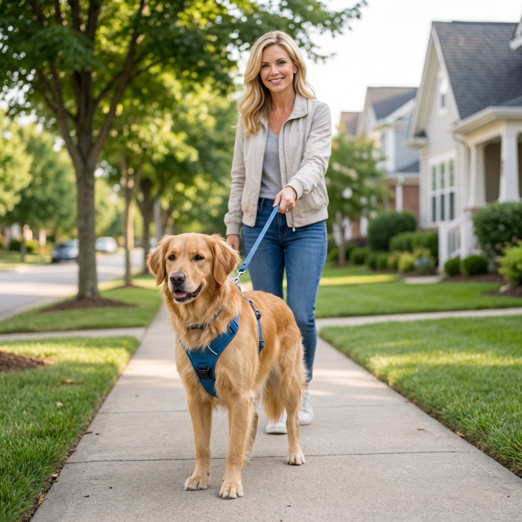 A dog wearing a harness on a calm neighborhood walk