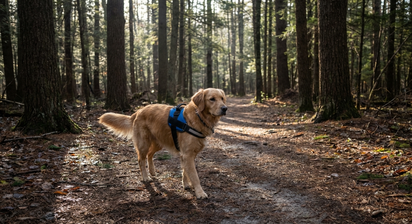 A dog wearing a harness on a shaded walking trail in the early morning