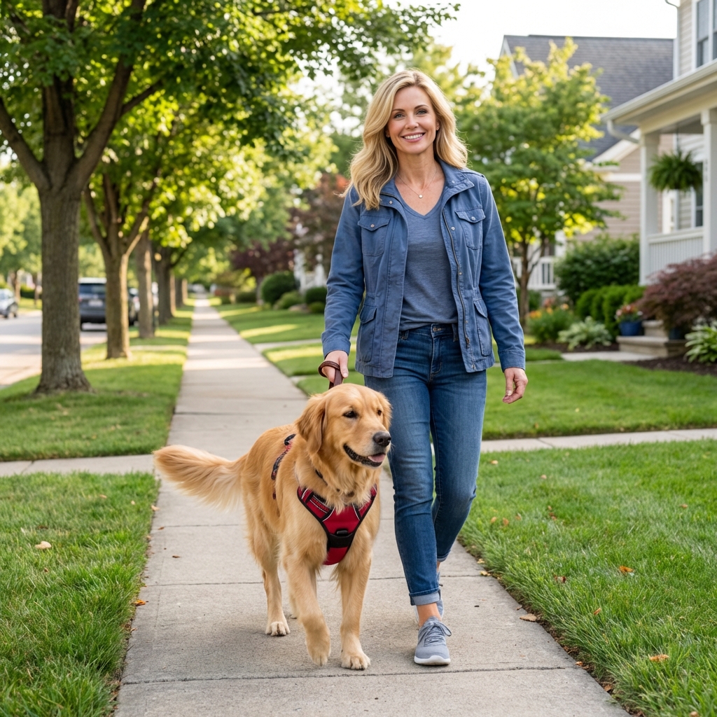 A dog wearing a harness on a short, calm leash walk on a quiet sidewalk