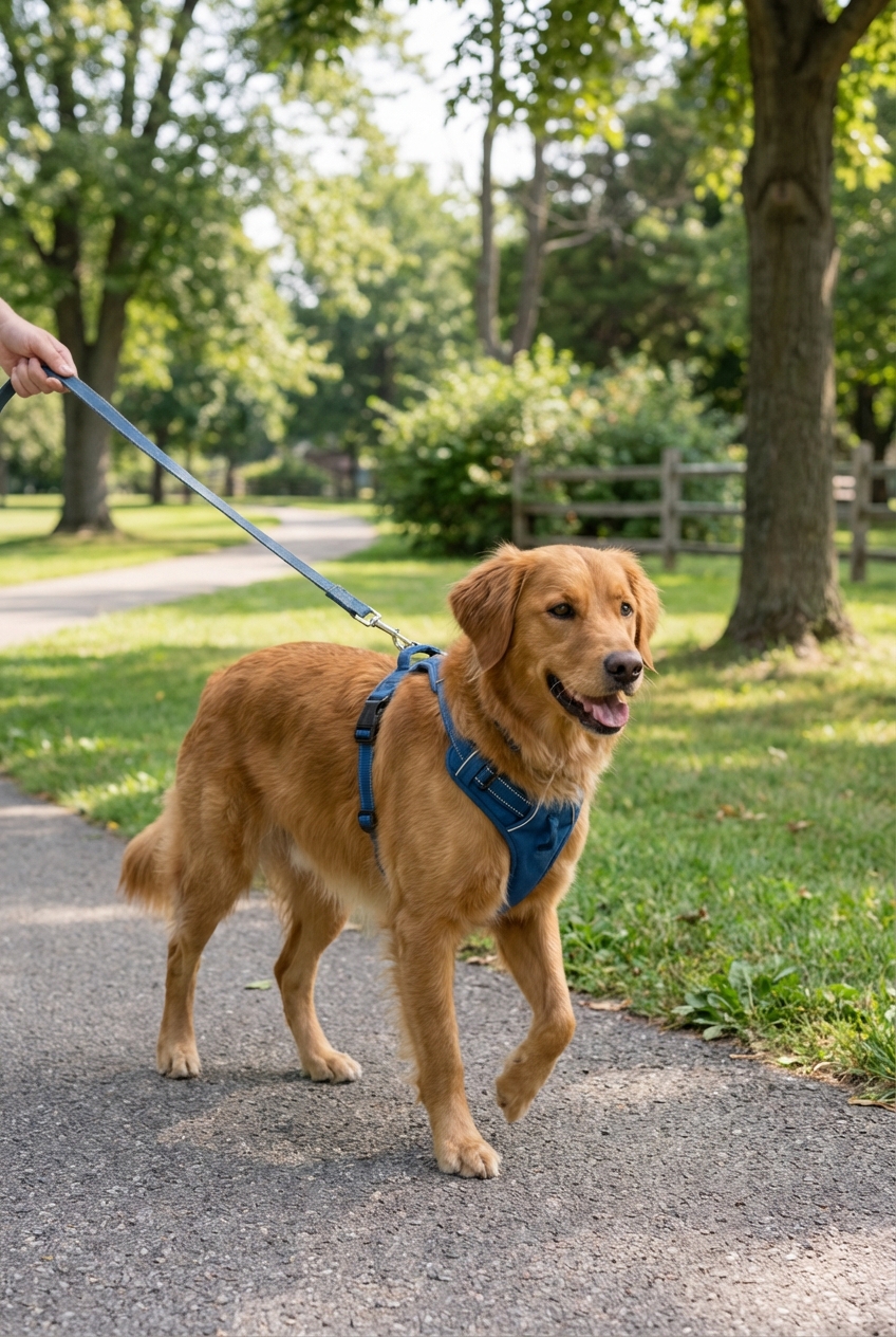 A dog wearing a harness outdoors on a quiet leash walk during daytime