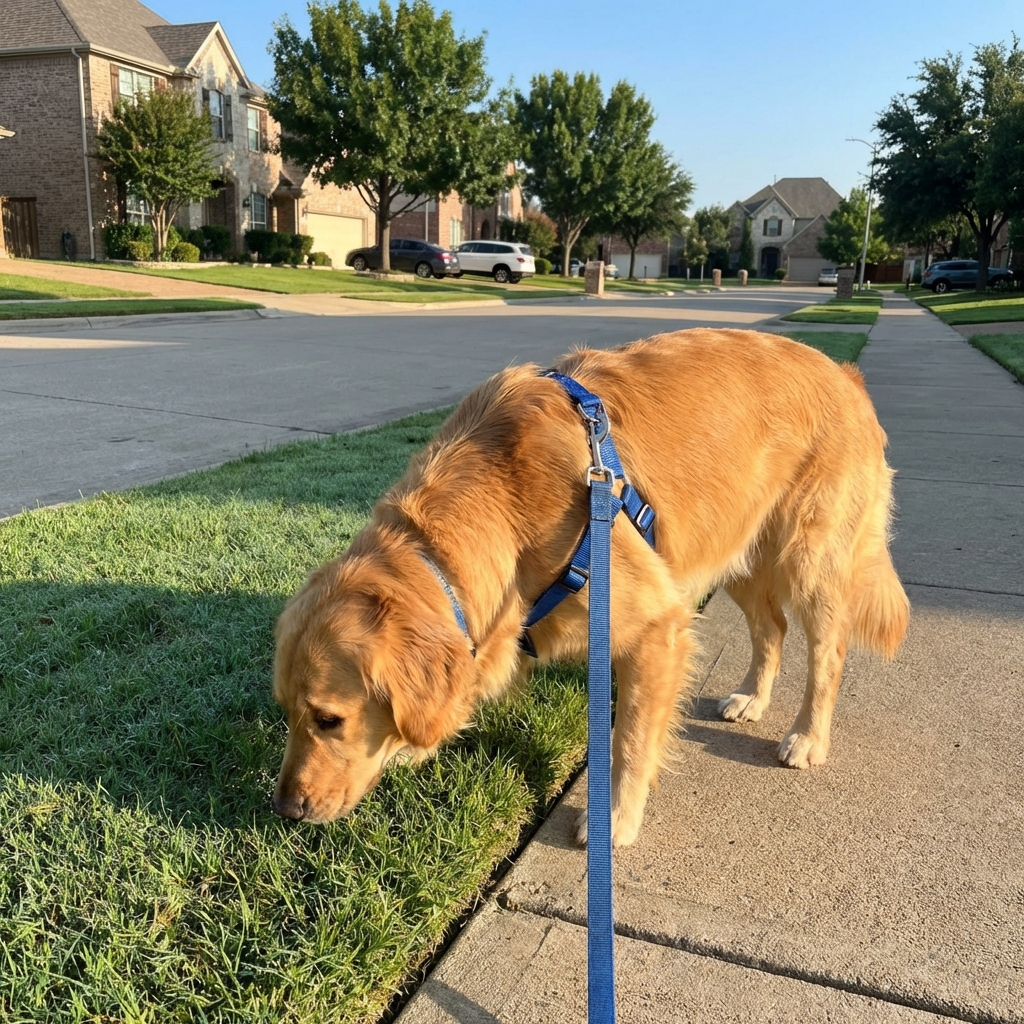 A dog wearing a harness sniffing grass on a quiet neighborhood sidewalk in the morning