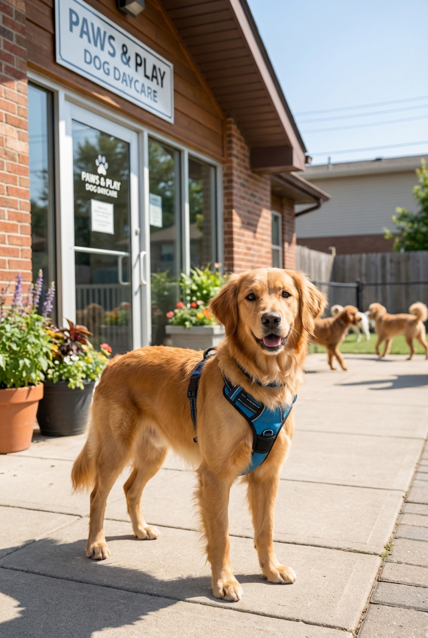 A dog wearing a harness standing outside a dog daycare entrance on a sunny day