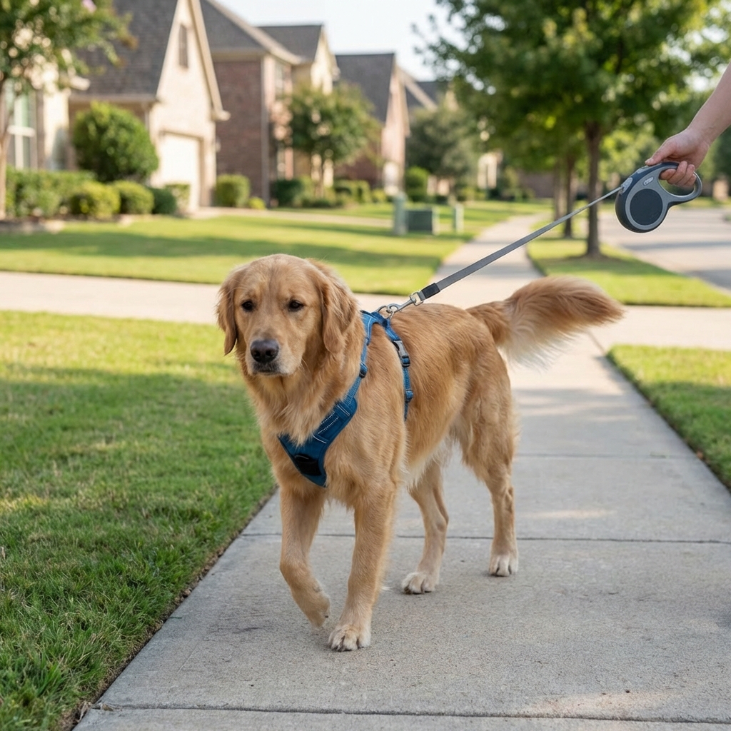 A dog wearing a harness walking calmly on a leash in a quiet neighborhood