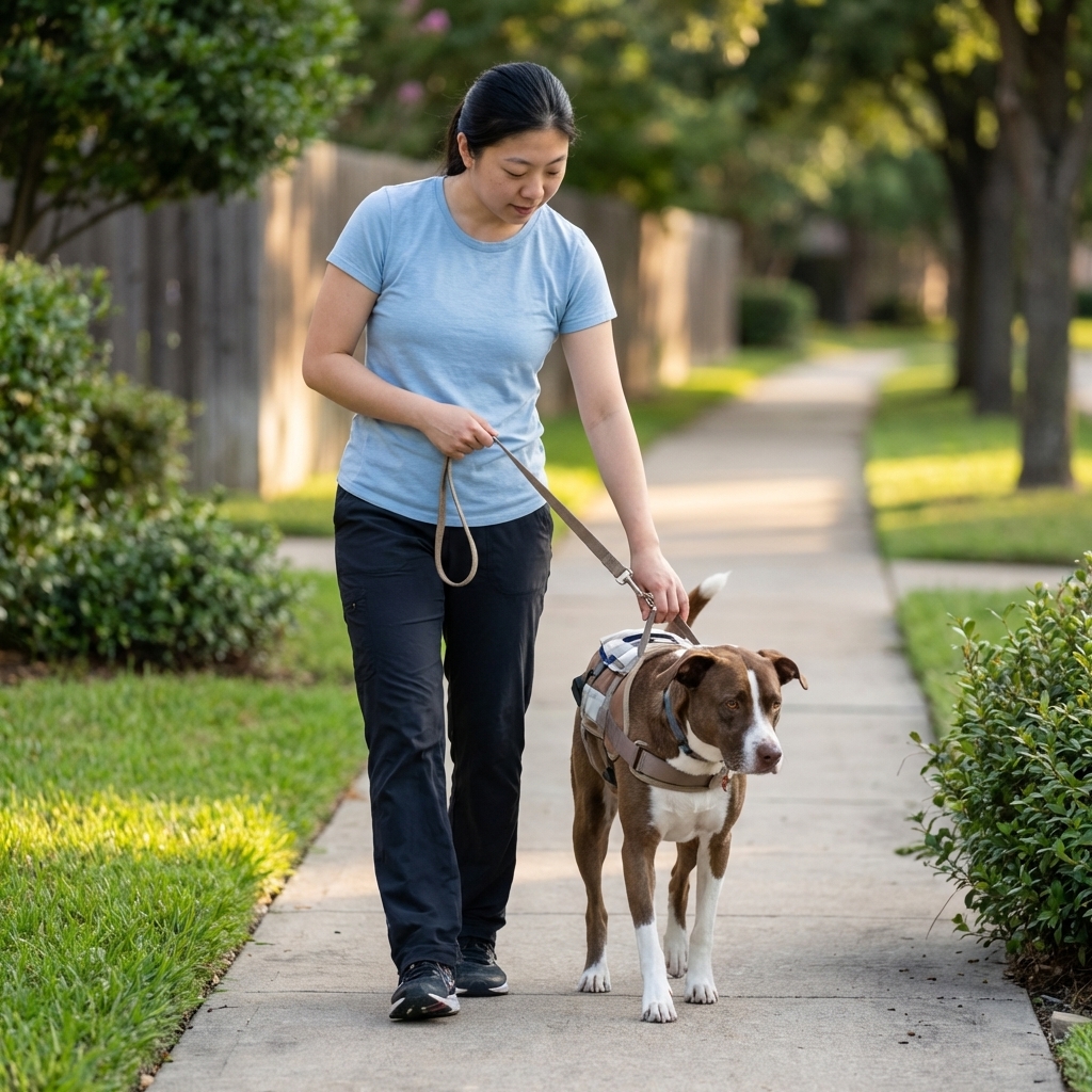 A dog wearing a harness walking slowly on a short leash next to an owner on a quiet sidewalk, focusing on calm controlled movement during rehabilitation, photorealistic scene