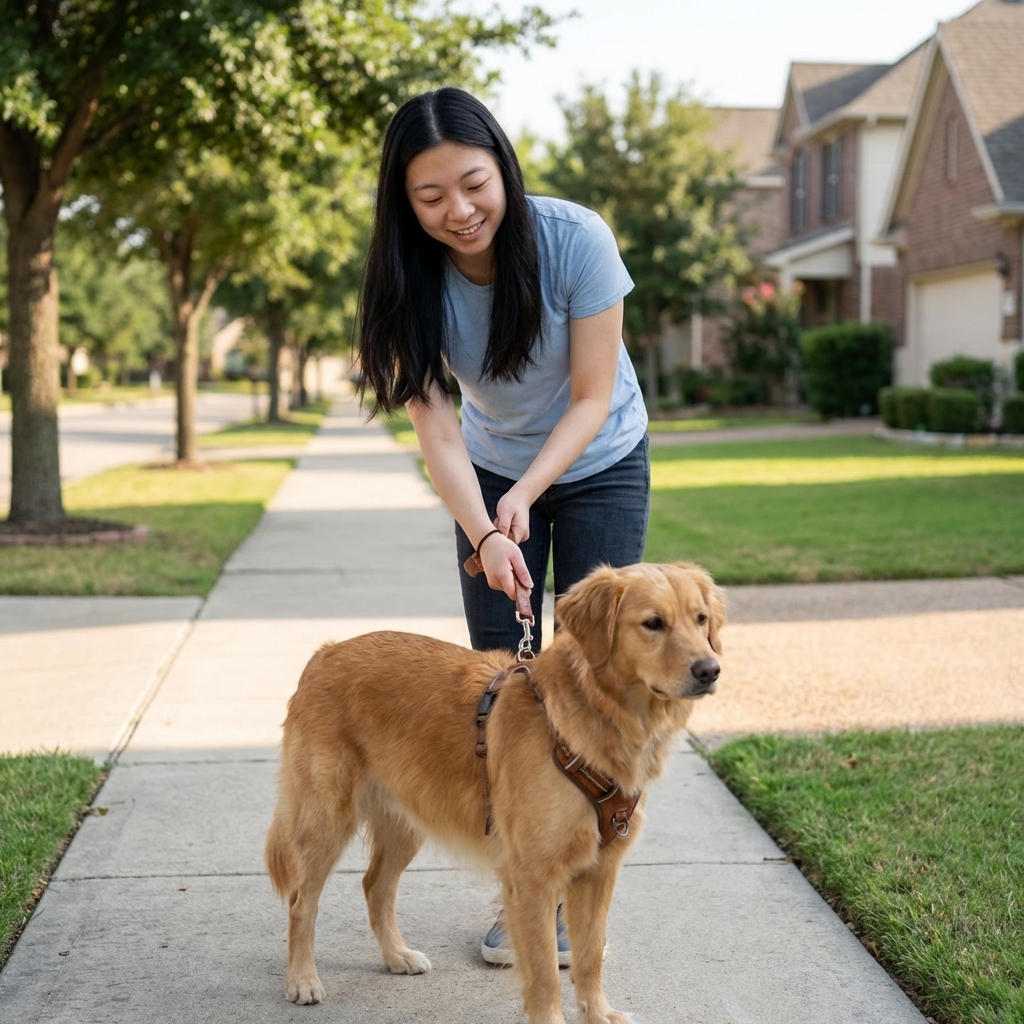 A dog wearing a harness while an owner supports them on a short leash on a quiet sidewalk