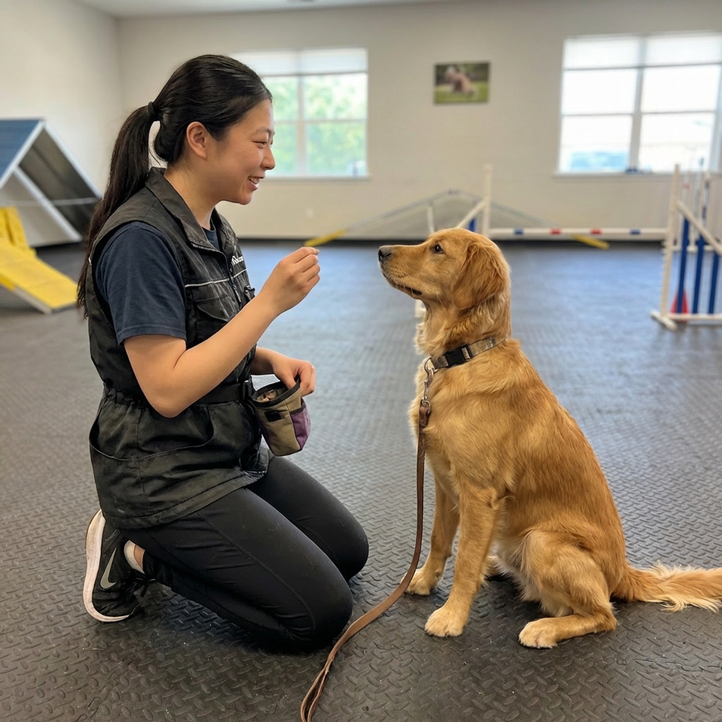 A dog wearing a leash indoors while looking at its owner holding treats, practicing calm focus