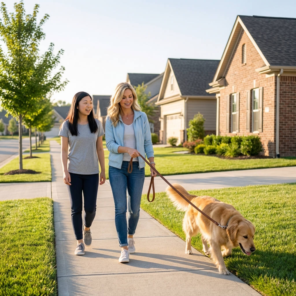 A dog wearing a leash on a neighborhood sidewalk while a family walks together in the morning