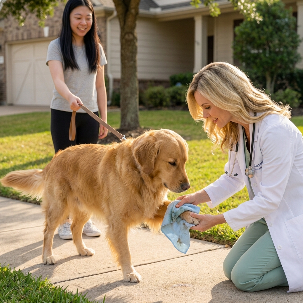 A dog wearing a leash on a neighborhood sidewalk while its paws are being wiped with a damp cloth