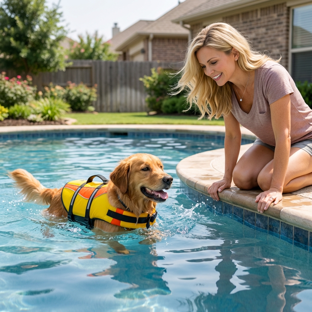 A dog wearing a life jacket swimming in a calm pool with an owner nearby