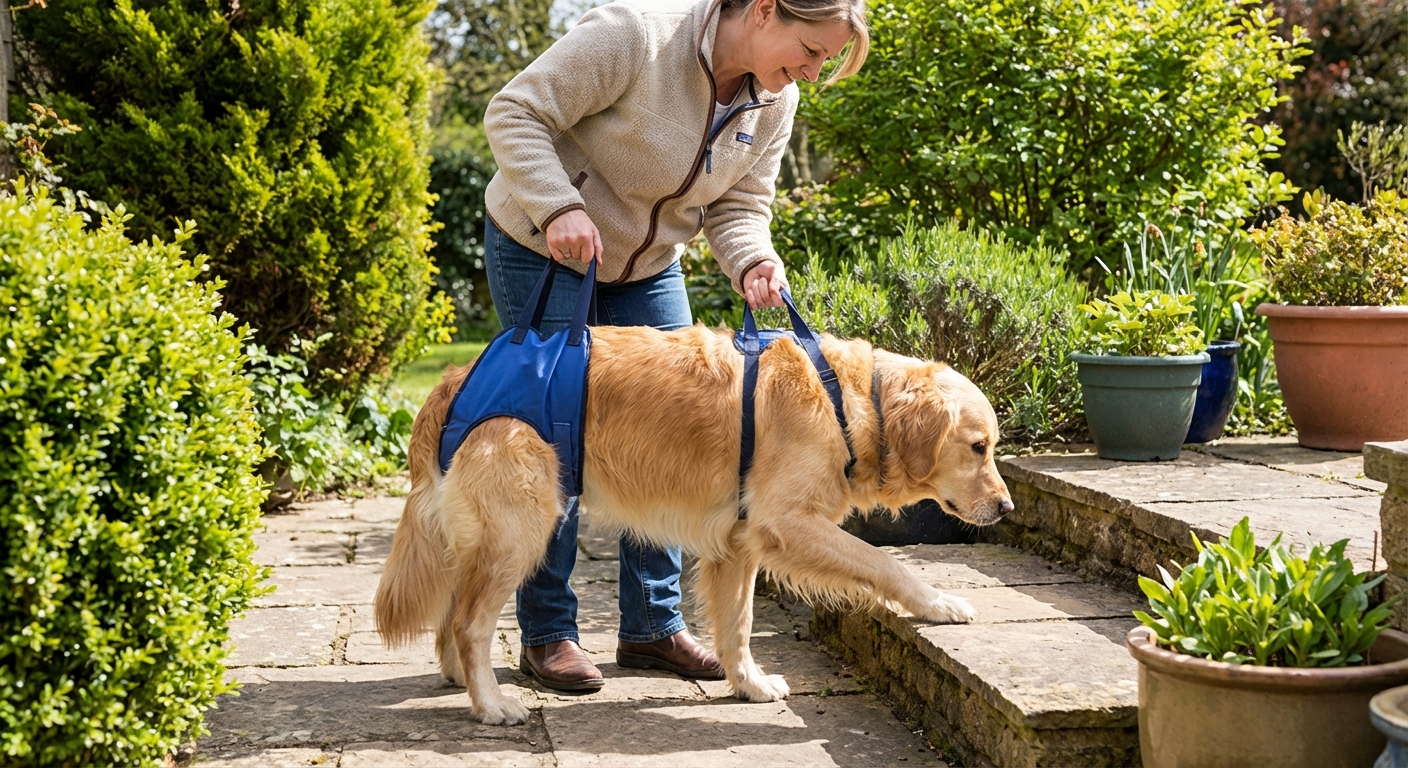 A dog wearing a rear support sling while being gently assisted up a small step outdoors