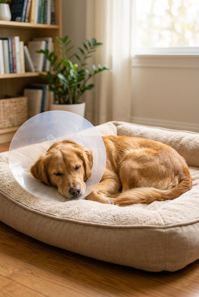 A dog wearing a recovery cone resting on a dog bed in a quiet room