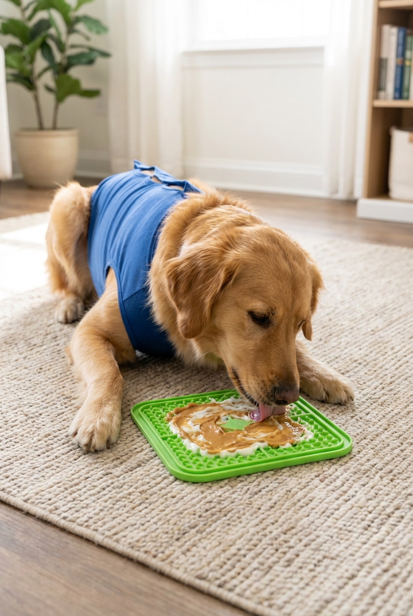 A dog wearing a recovery suit lying calmly on a rug while licking a treat-filled mat