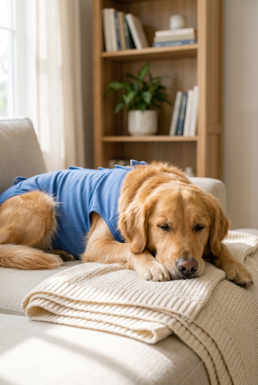 A dog wearing a recovery suit lying on a clean blanket in a quiet living room