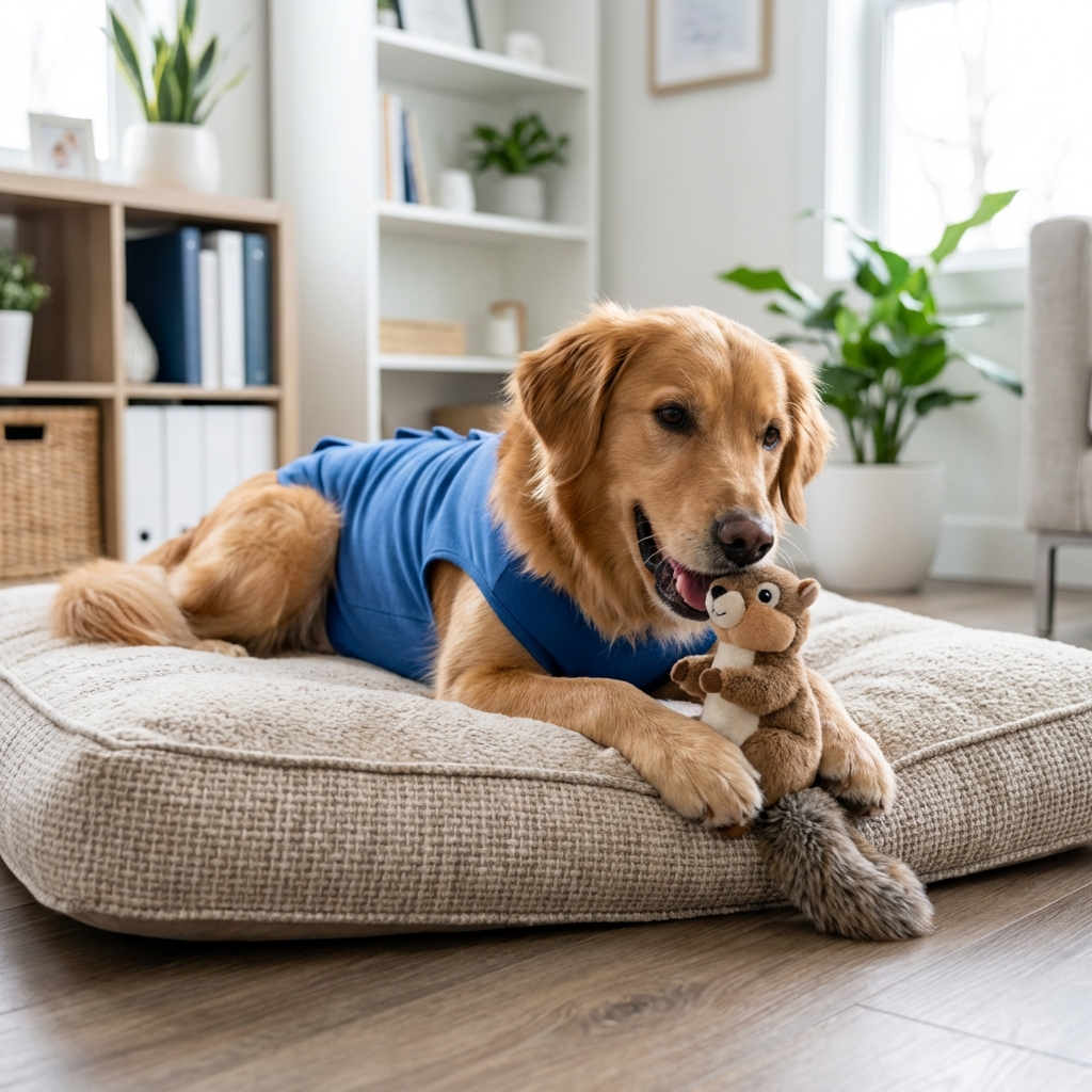A dog wearing a recovery suit lying on a dog bed while chewing a stuffed toy