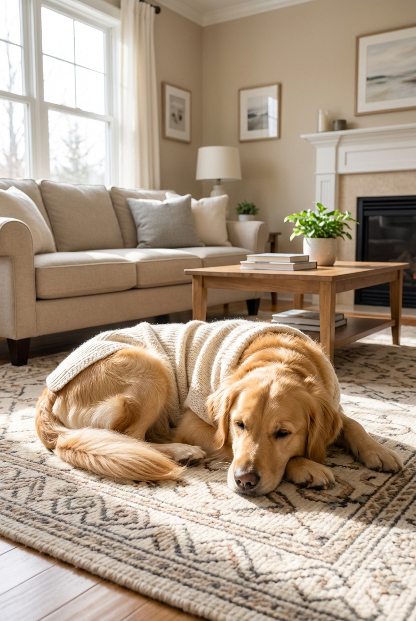 A dog wearing a snug wrap lying quietly on a rug in a living room