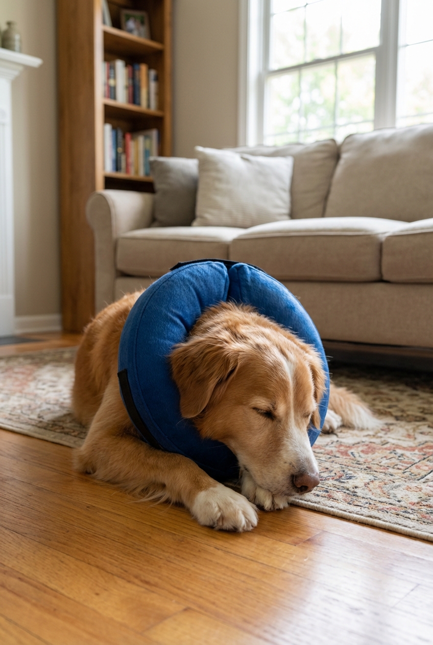 A dog wearing a soft recovery collar while resting on a living room floor