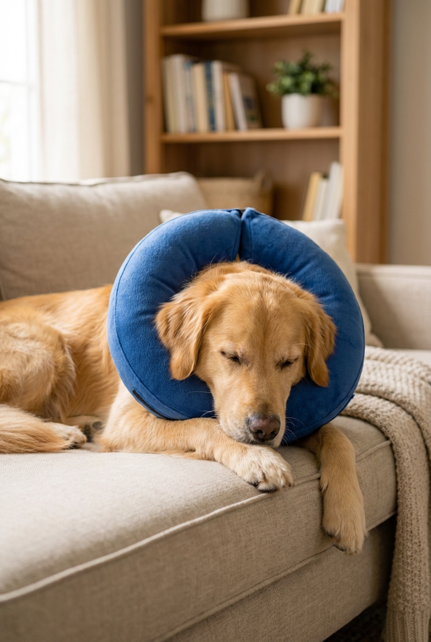 A dog wearing a soft recovery collar while resting on a couch
