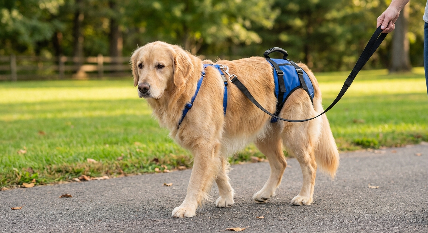 A dog wearing a support harness while slowly walking on a leash outdoors during recovery