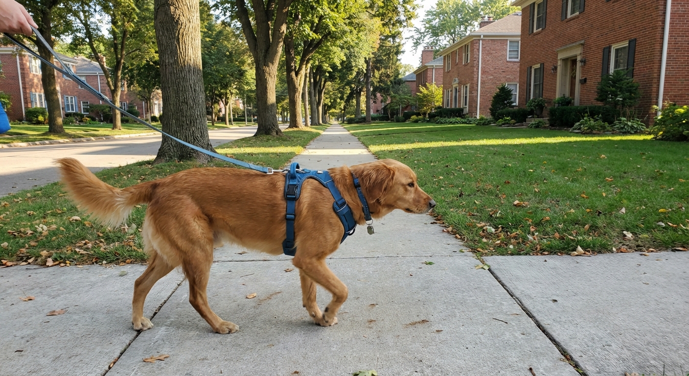 A dog wearing a well-fitted harness on a sidewalk during a calm walk