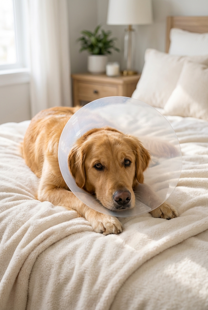 A dog wearing an e-collar resting comfortably on a bed indoors