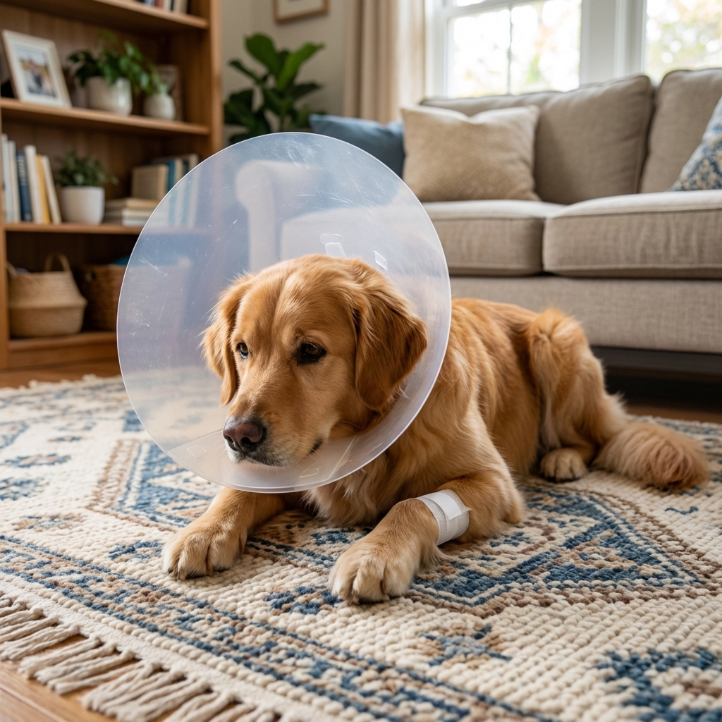 A dog wearing an e-collar resting comfortably on a living room rug with a small bandage on its front leg