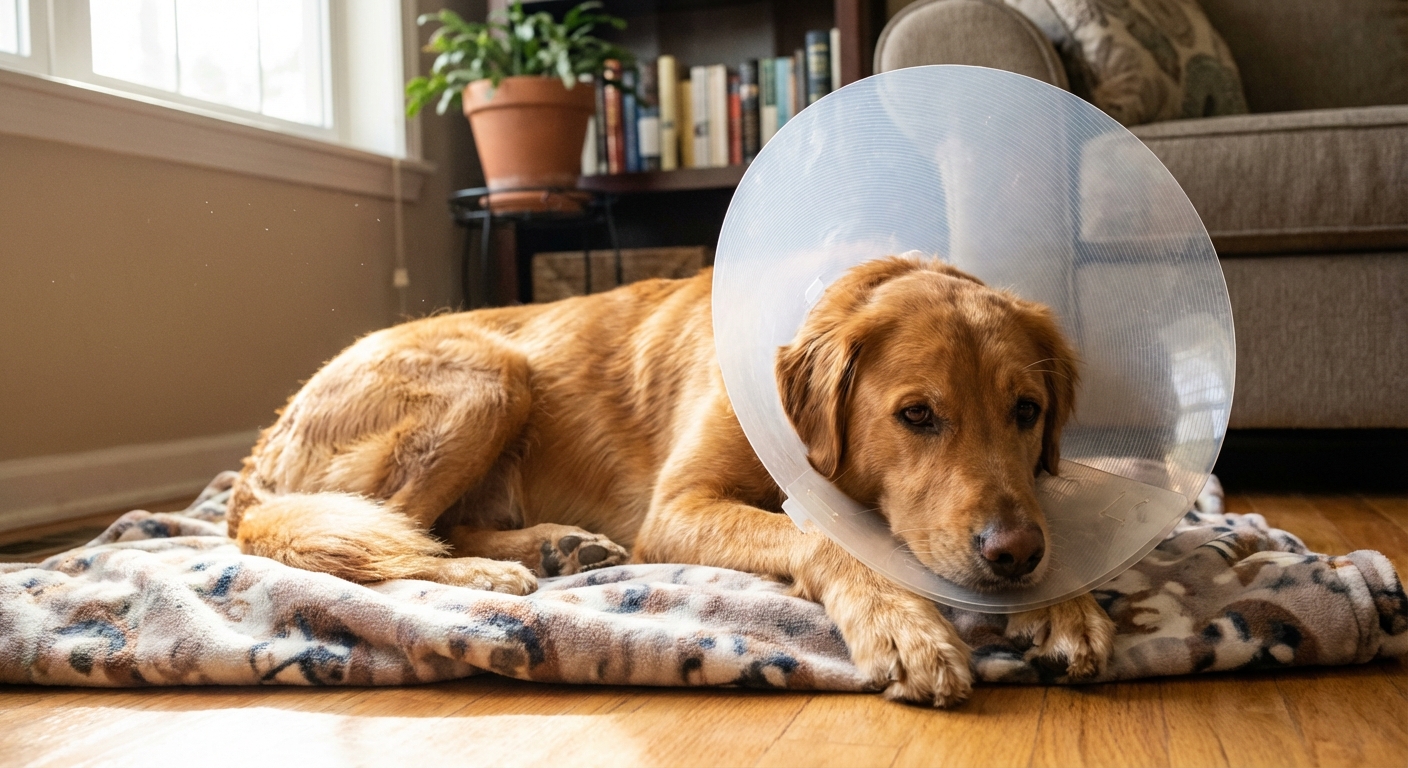 A dog wearing an e-collar resting on a blanket indoors