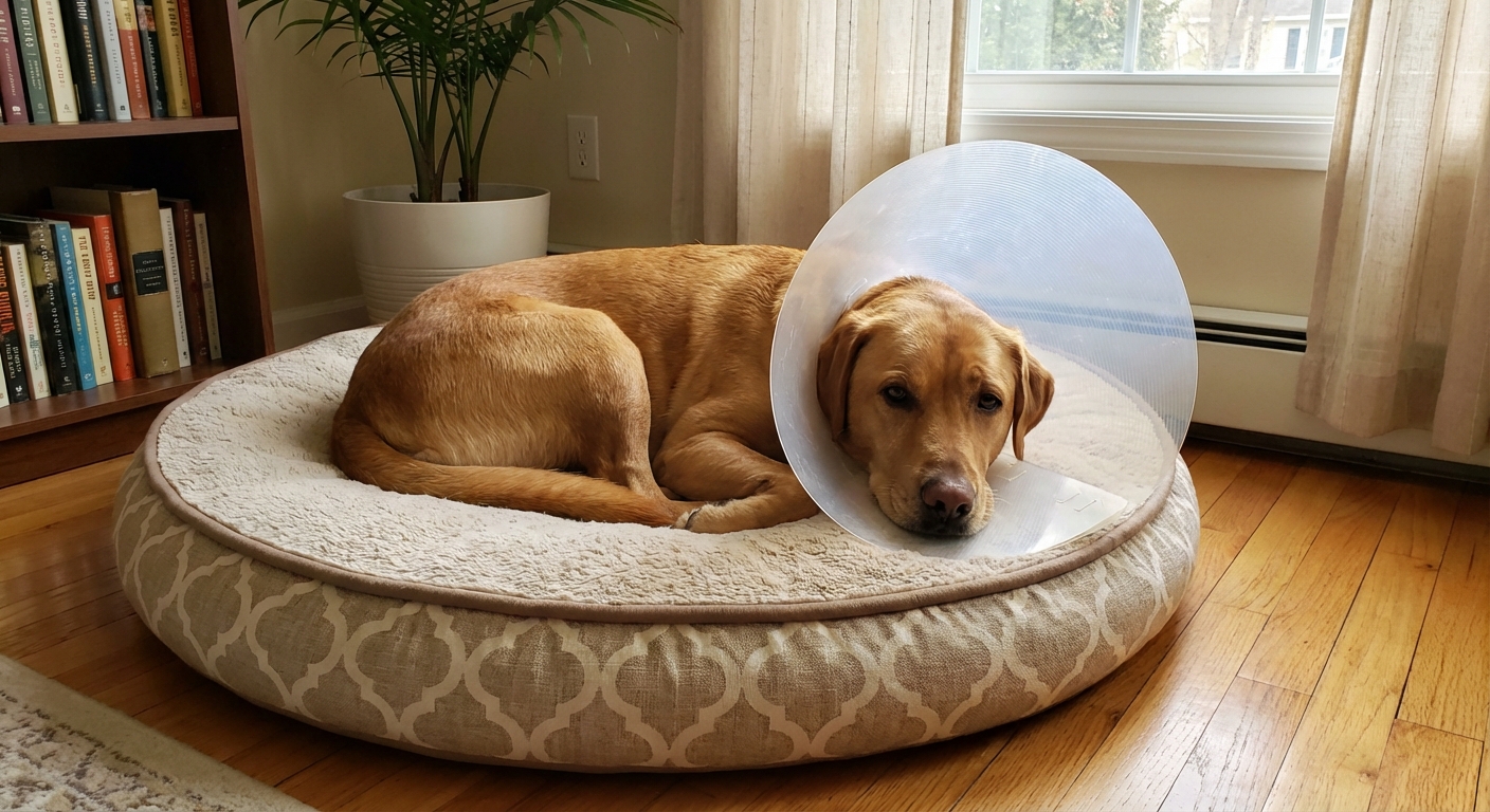 A dog wearing an e-collar resting on a dog bed at home
