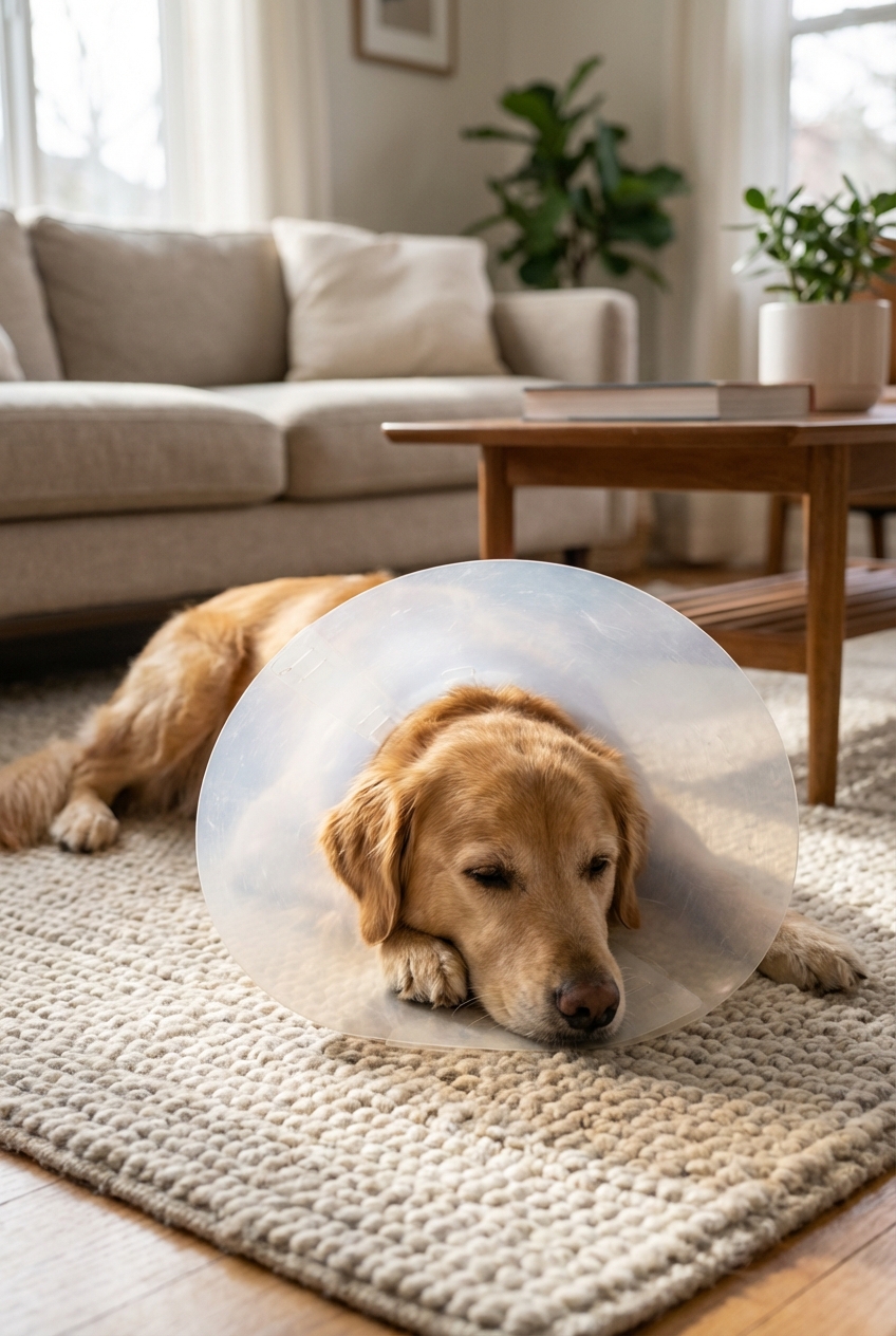 A dog wearing an e-collar while resting calmly on a living room rug