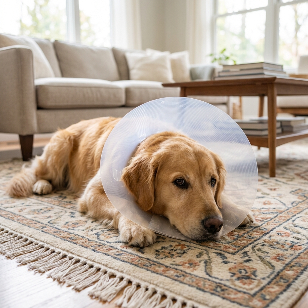 A dog wearing an e-collar while resting on a living room rug
