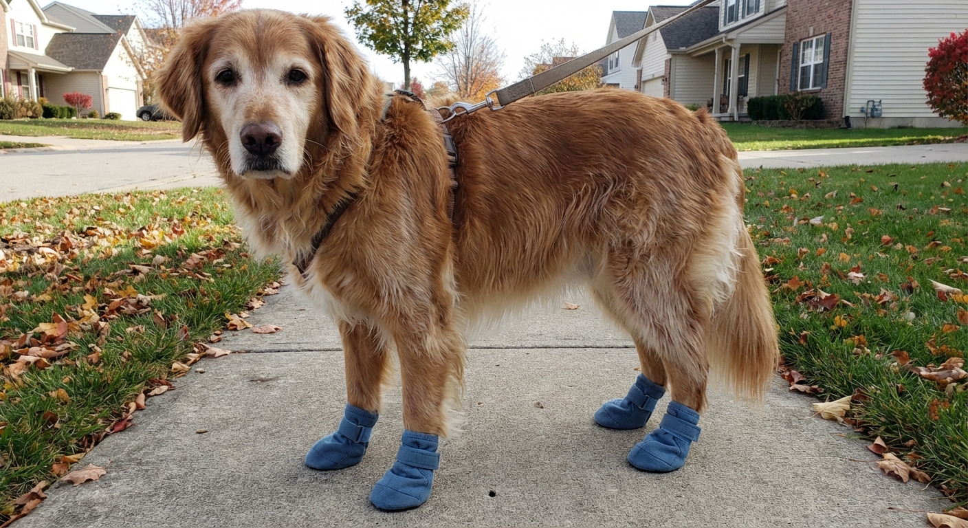 A dog wearing soft protective booties standing on a sidewalk during a walk