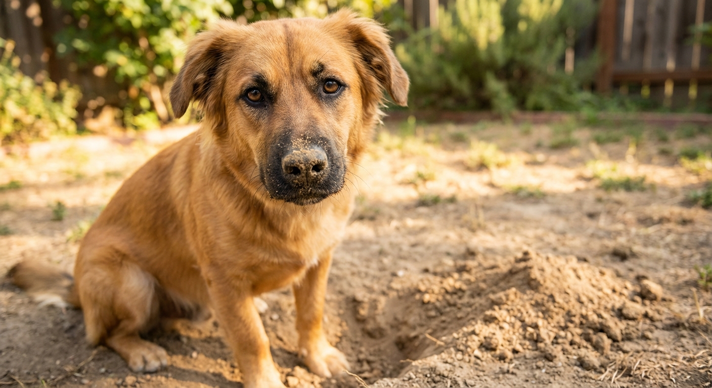 A dog with a dusty nose standing near a recently dug patch of dry soil