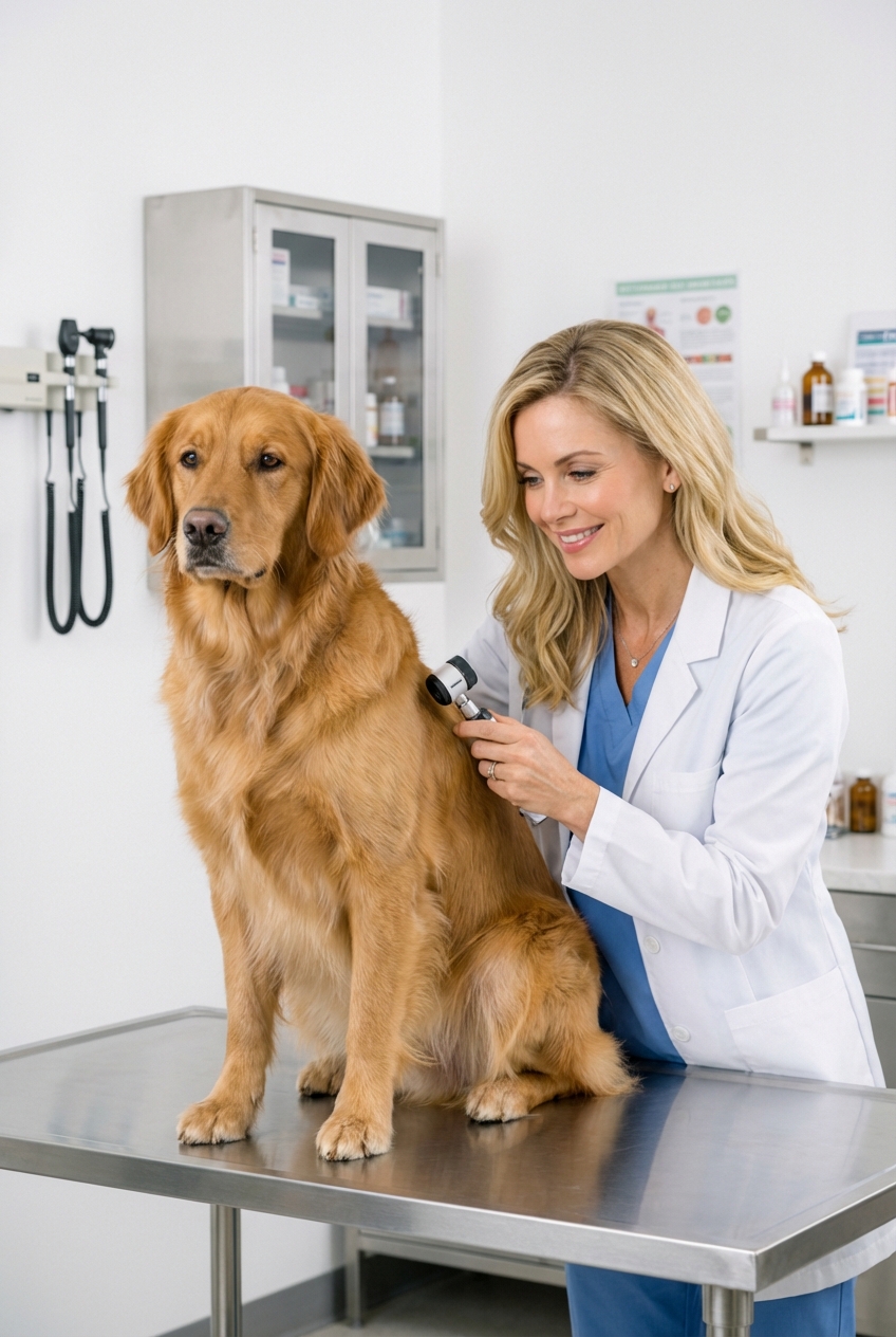 A dog with a shiny coat sitting calmly on a veterinary clinic exam table while a technician gently checks its skin