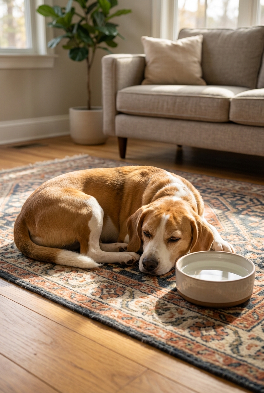 A dog with a short coat resting comfortably on a living room rug next to a water bowl