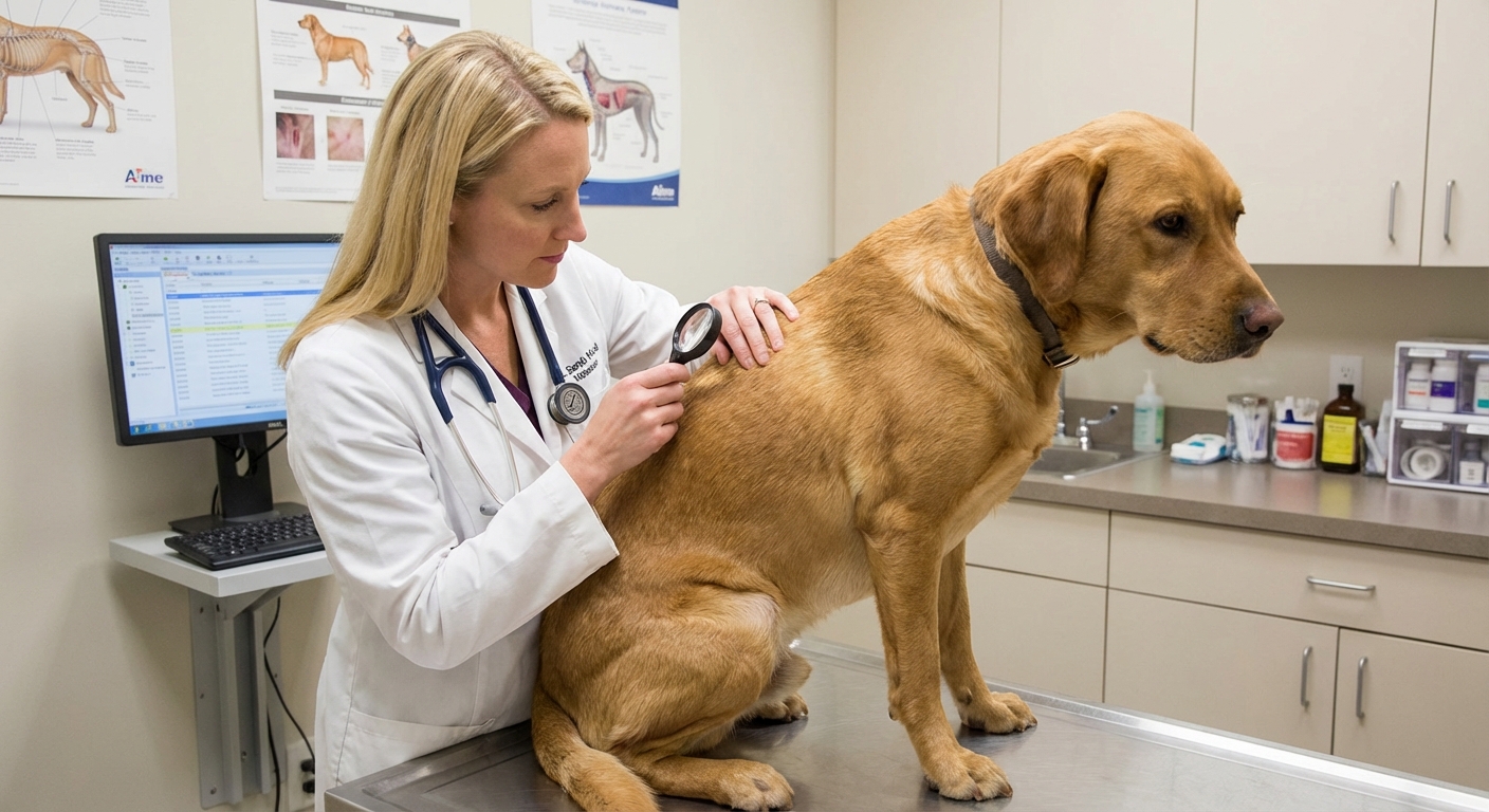 A dog with a veterinarian examining its skin in a clinic exam room
