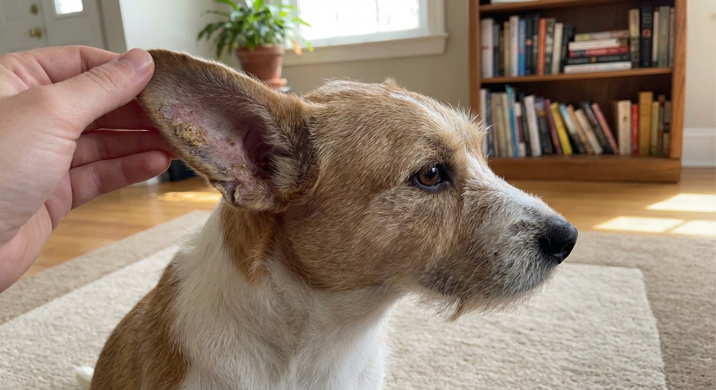 A dog with visible crusting and hair loss on the edge of the ear sitting indoors