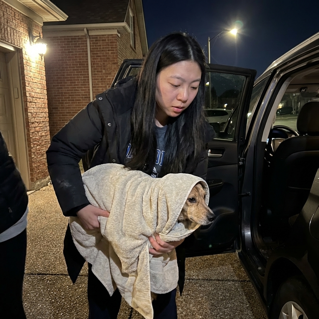 A dog wrapped in a towel being carefully lifted into the back seat of a car for transport to an emergency veterinarian at night, realistic photography style
