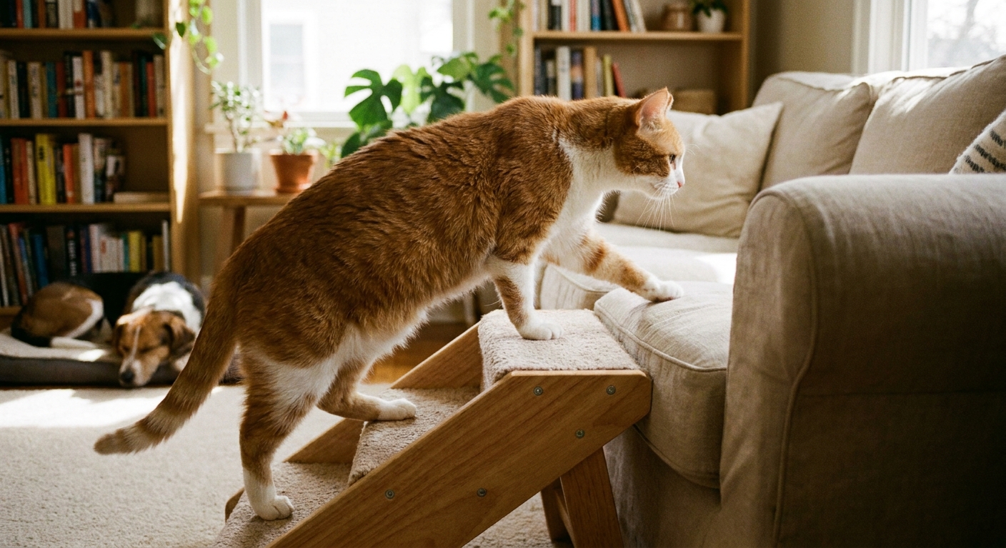 A domestic cat calmly walking up small pet stairs to a couch in a living room