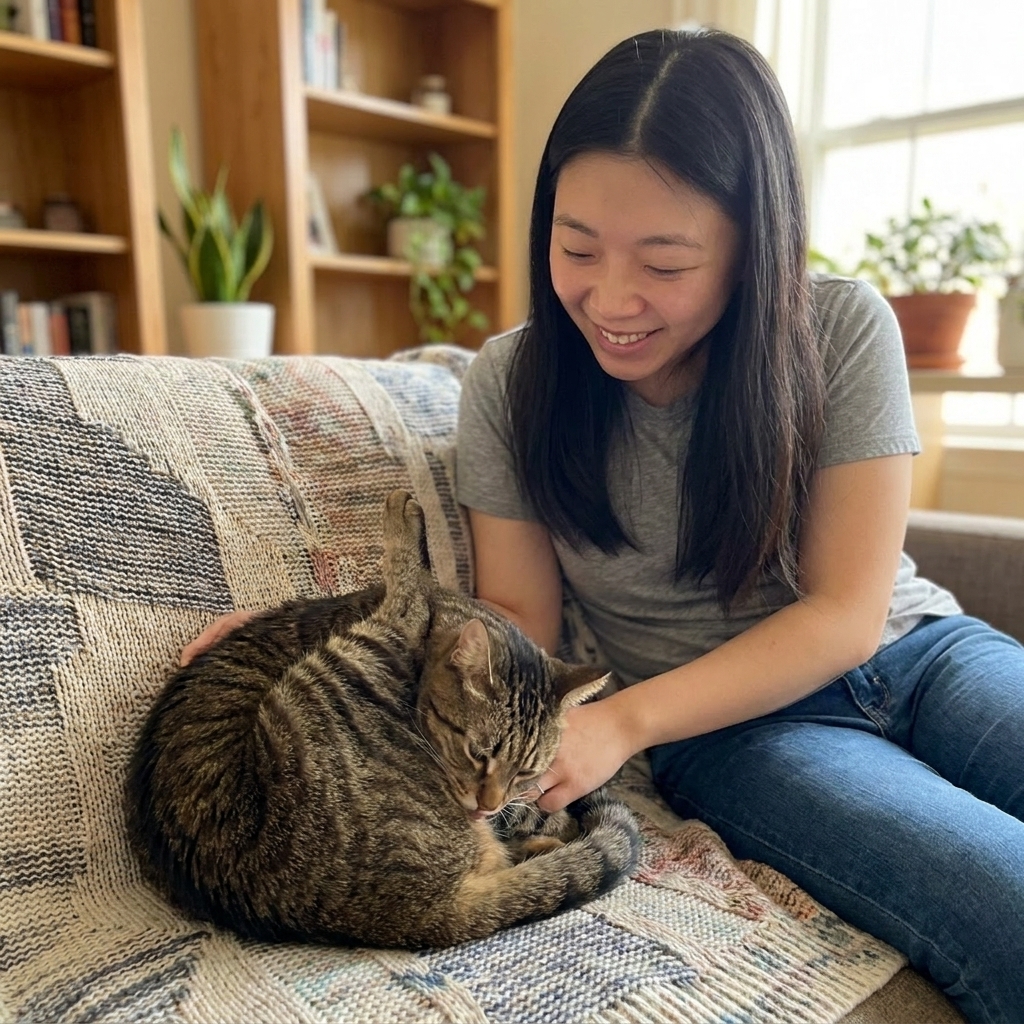 A domestic cat sitting on a blanket while grooming near the base of its tail, realistic home photo