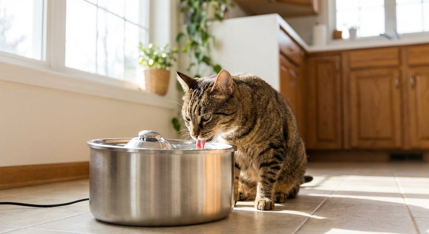 A domestic shorthair cat drinking from a stainless steel pet water fountain in a bright kitchen, real photo
