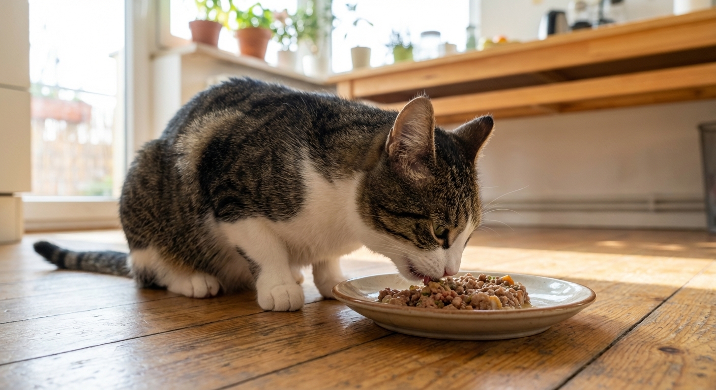 A domestic shorthair cat eating a small portion of soft homemade food from a shallow bowl on a kitchen floor, natural window light, real-life photography style