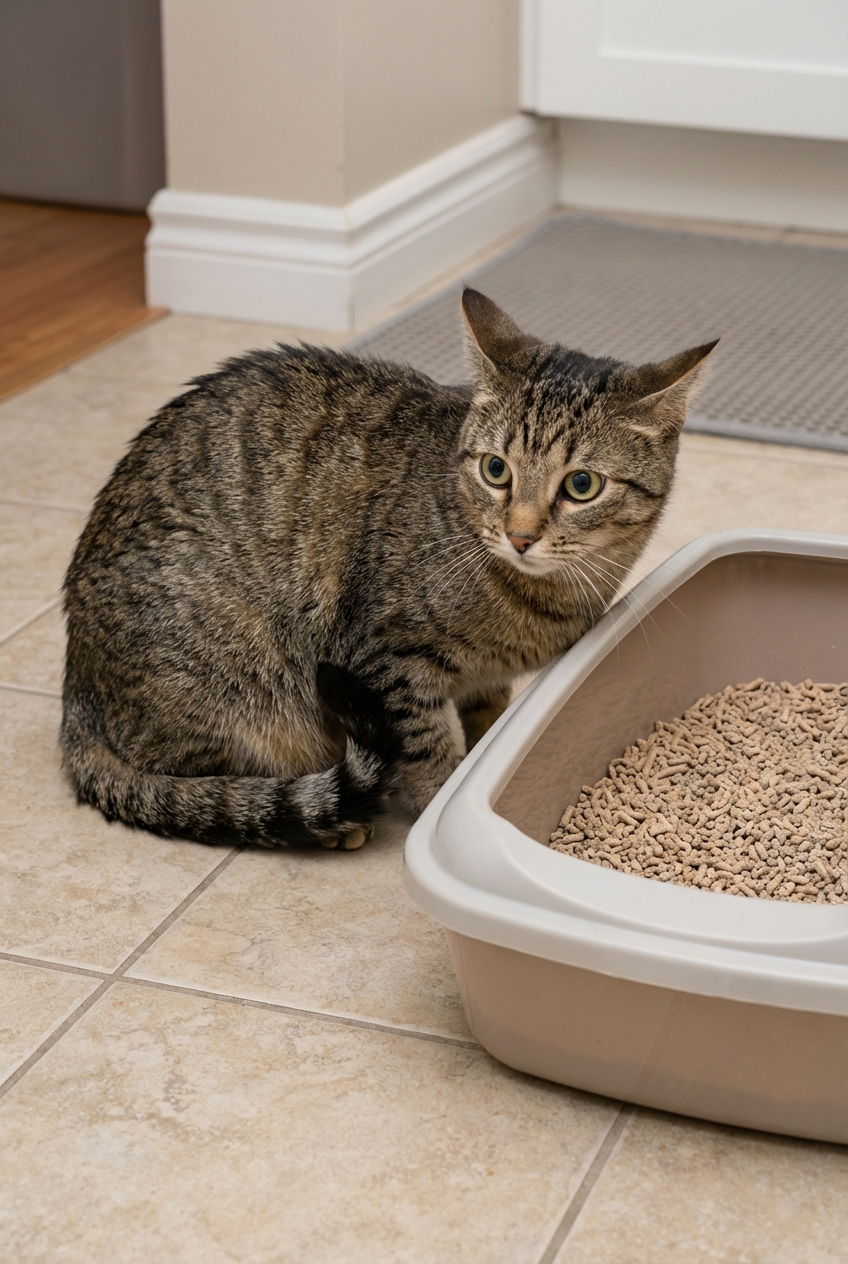 A domestic shorthair cat sitting near a litter box and looking uncomfortable