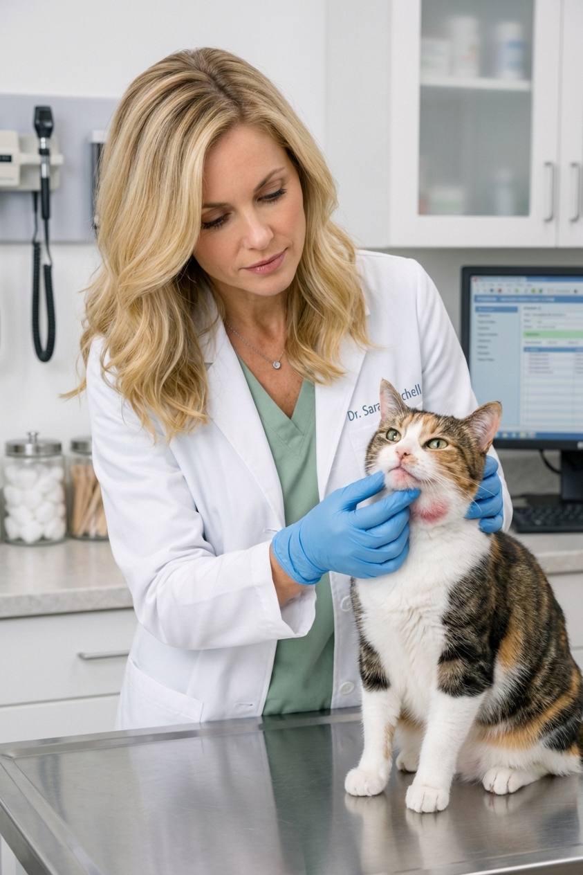 A domestic shorthair cat sitting on an exam table while a veterinarian gently examines a swollen chin area, clinical veterinary photograph