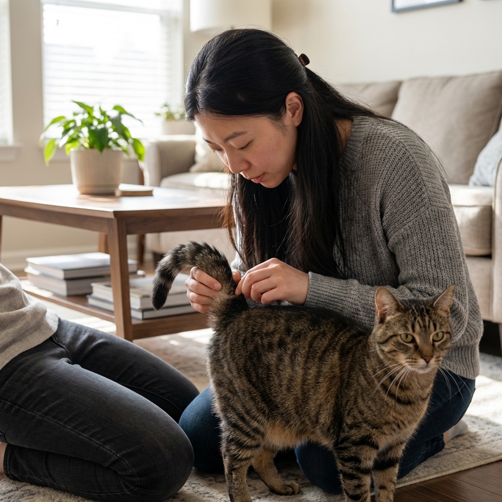 A domestic shorthair cat standing calmly while a person gently parts the fur at the base of the tail to check the skin, realistic indoor pet-care photograph