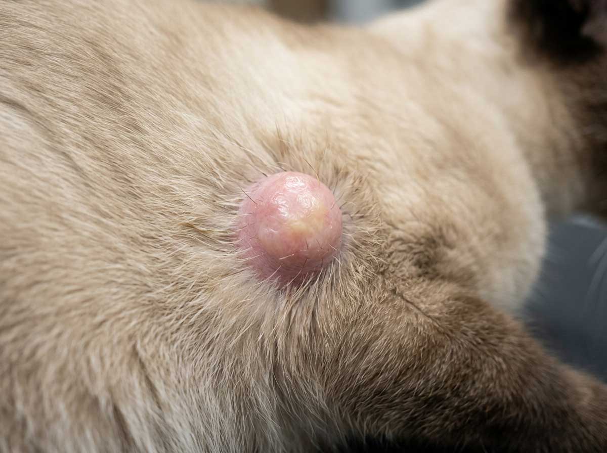 A domestic shorthair cat with fur gently parted to reveal a small raised bump on the side of the neck