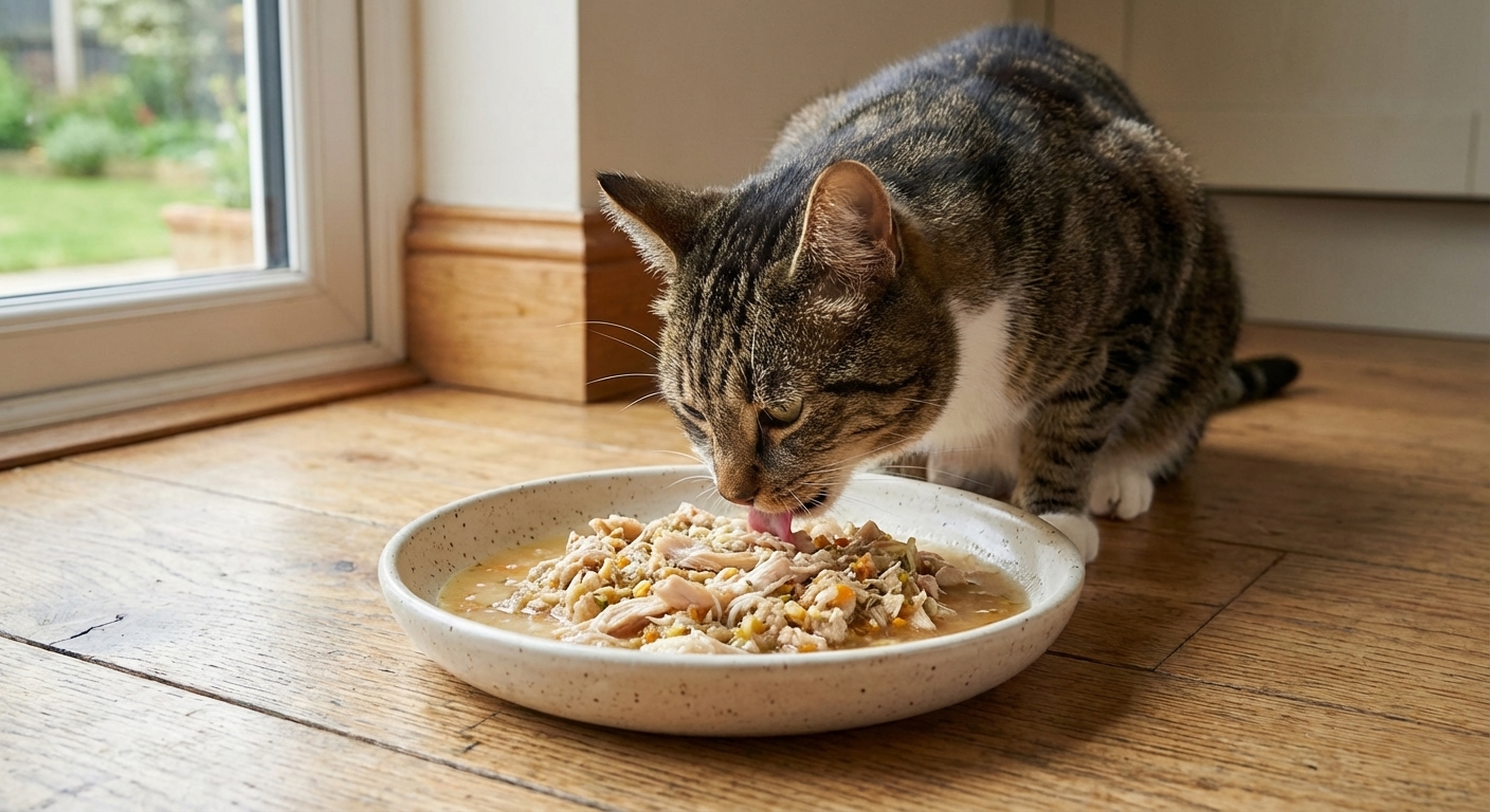 A domestic shorthaired cat eating a moist homemade wet food meal from a shallow ceramic bowl on a kitchen floor, natural window light, photorealistic