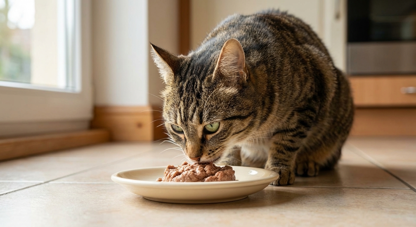 A domestic shorthaired cat leaning forward to eat a small portion of soft wet food from a shallow ceramic dish on a kitchen floor, natural window light, photorealistic