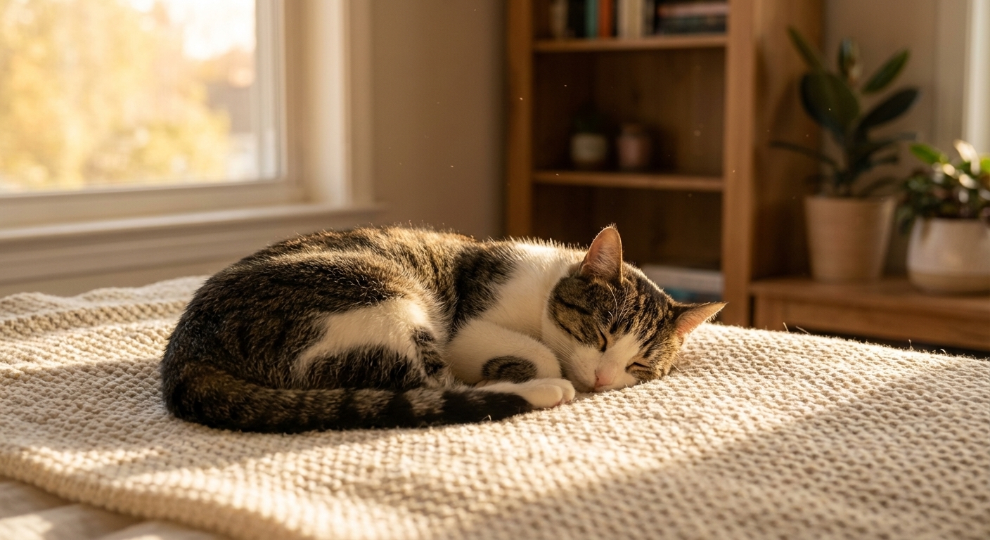 A domestic shorthaired cat resting on a soft blanket in a quiet room with warm window light, relaxed home photo